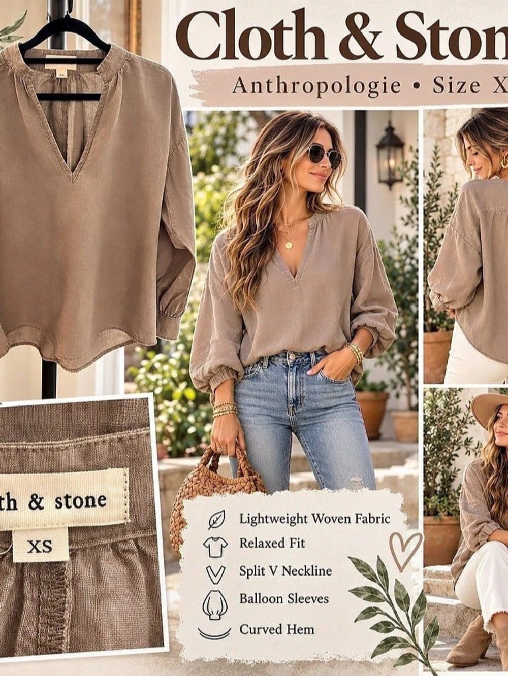 Cloth & Stone Puff Sleeve Half Placket Top Blouse Brown XS